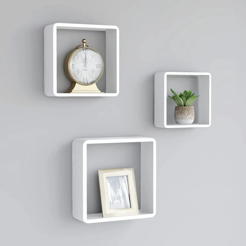 323952 vidaXL Rafturi de perete cub, 3 buc., alb, MDF