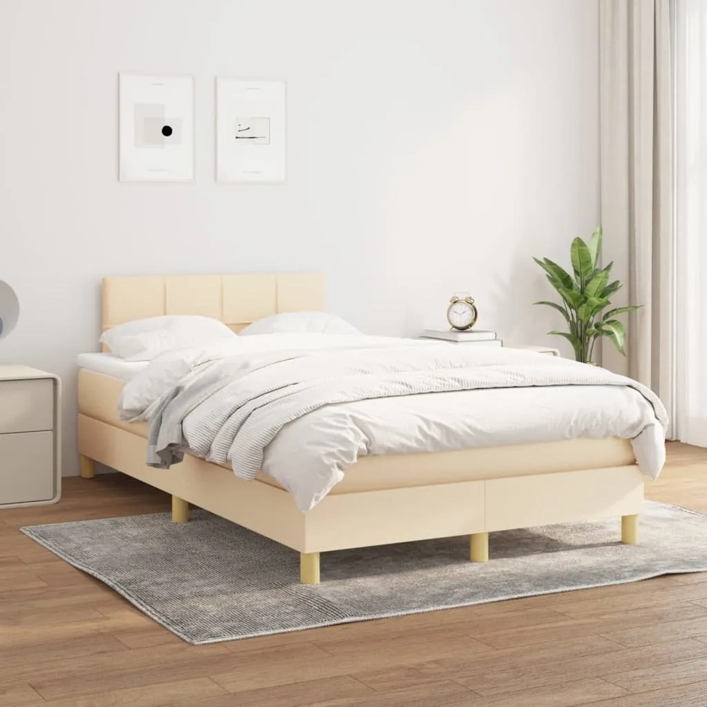 vidaXL Pat box spring cu saltea, crem, 120x200 cm, textil