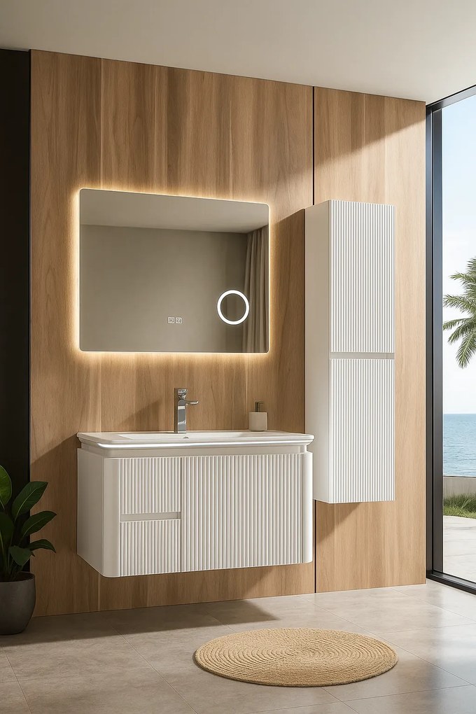 Set Mobilier Baie CAPPADOCIA Riflat 80 cm alb, oglinda 70 sau 80 cm cu LED, dezaburire si lupa, lavoar ceramic, soldat inclus. 70 CM