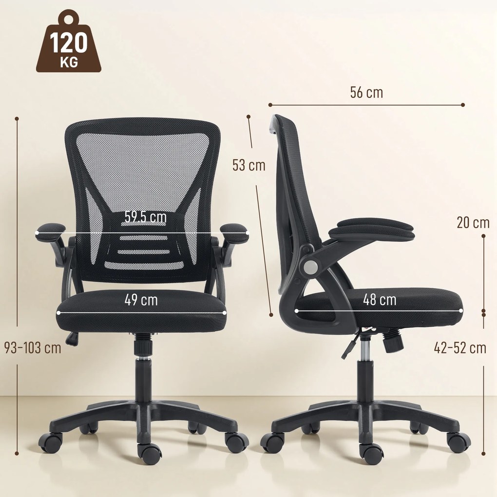 HOMCOM Scaun de Birou din Plasă cu Brațe Rabatabile, Suport Lombar, 59,5 x 56 x 103 cm, Negru | Aosom Romania