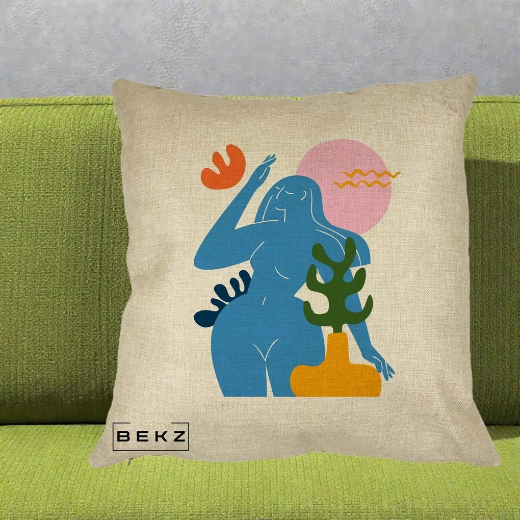 Perna Decorativa Femeie Albastra Cactus, 40x40 cm, Crem, Husa Detasabila, Perna Inclusa, BEKZ®