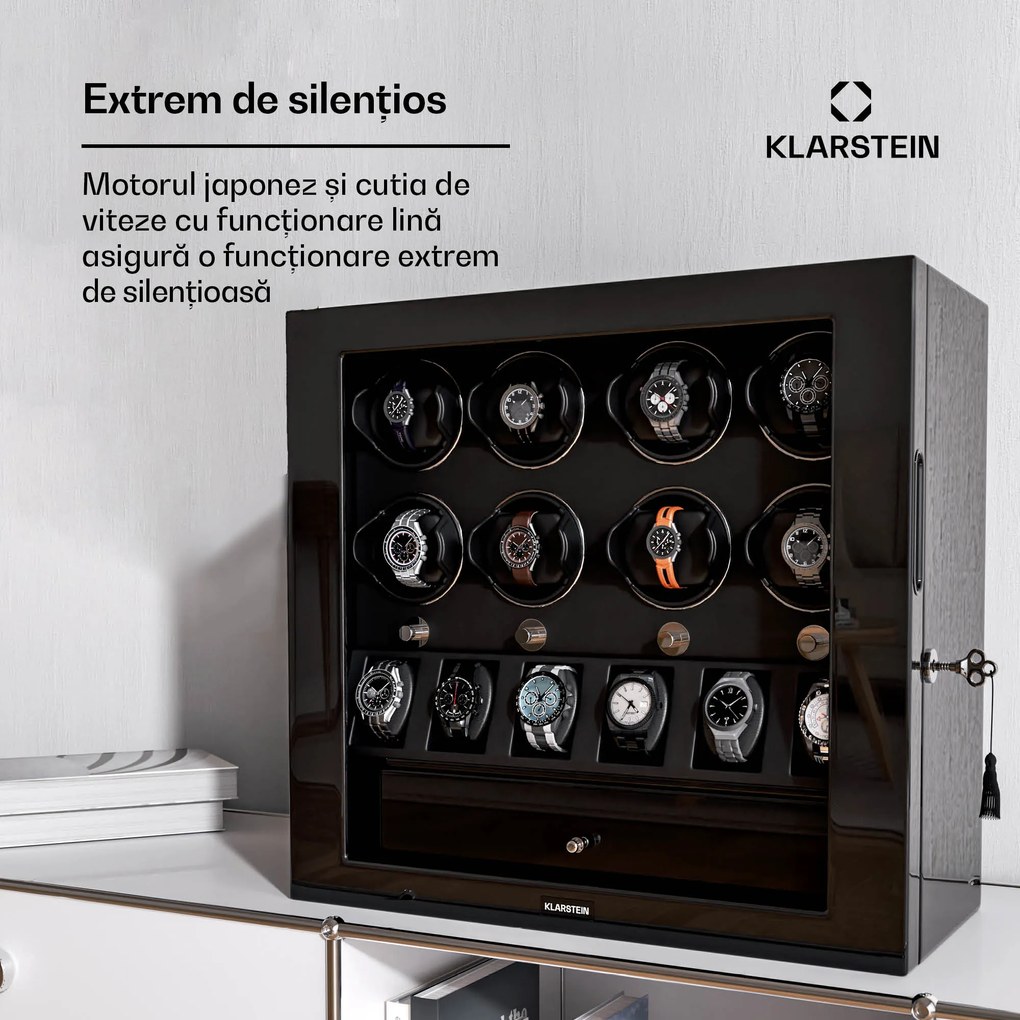 Klarstein Dispozitiv de întors ceasuri ChronoVault, 8+6 ceasuri, vegan, lucios, 4 moduri, Motor Mabuchi, LED, priză