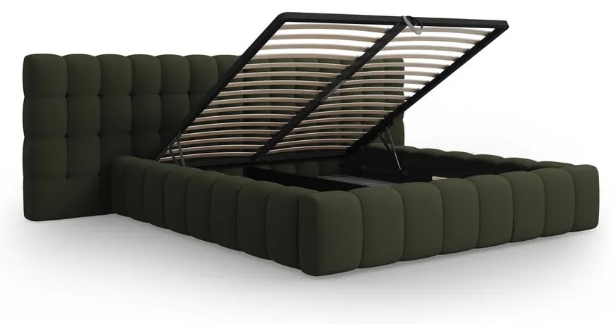 Pat matrimonial verde tapițat cu spațiu de depozitare cu somieră 180x200 cm Mamaia – Micadoni Home