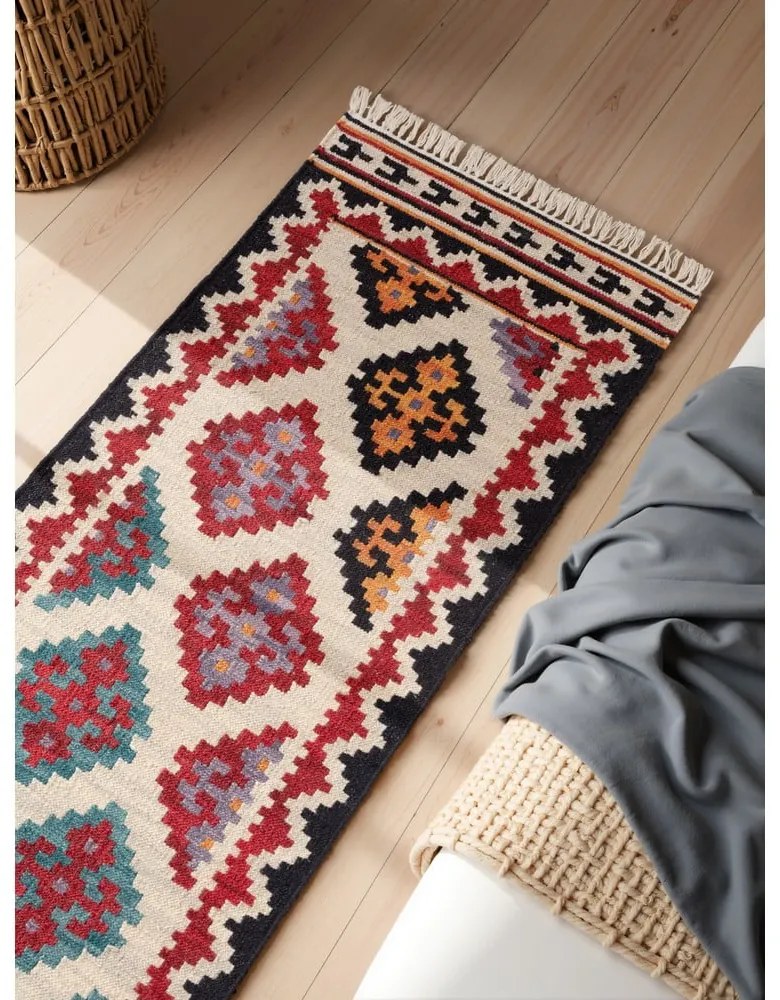 Covor tip traversă roșu reversibil, țesut manual din lână 60x190 cm Kamal Kian – Nouristan