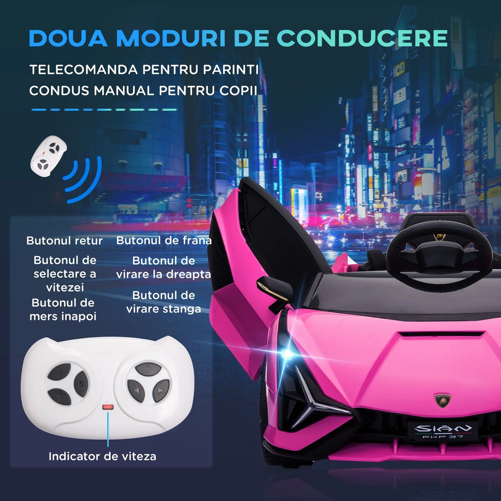 HOMCOM Masina Electrica pentru Copii 12V, Roz Lamborghini 12V cu telecomanda | Aosom Romania