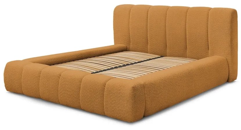 Pat matrimonial galben muștar tapițat cu spațiu de depozitare cu somieră 160x200 cm Denali – Bobochic Paris