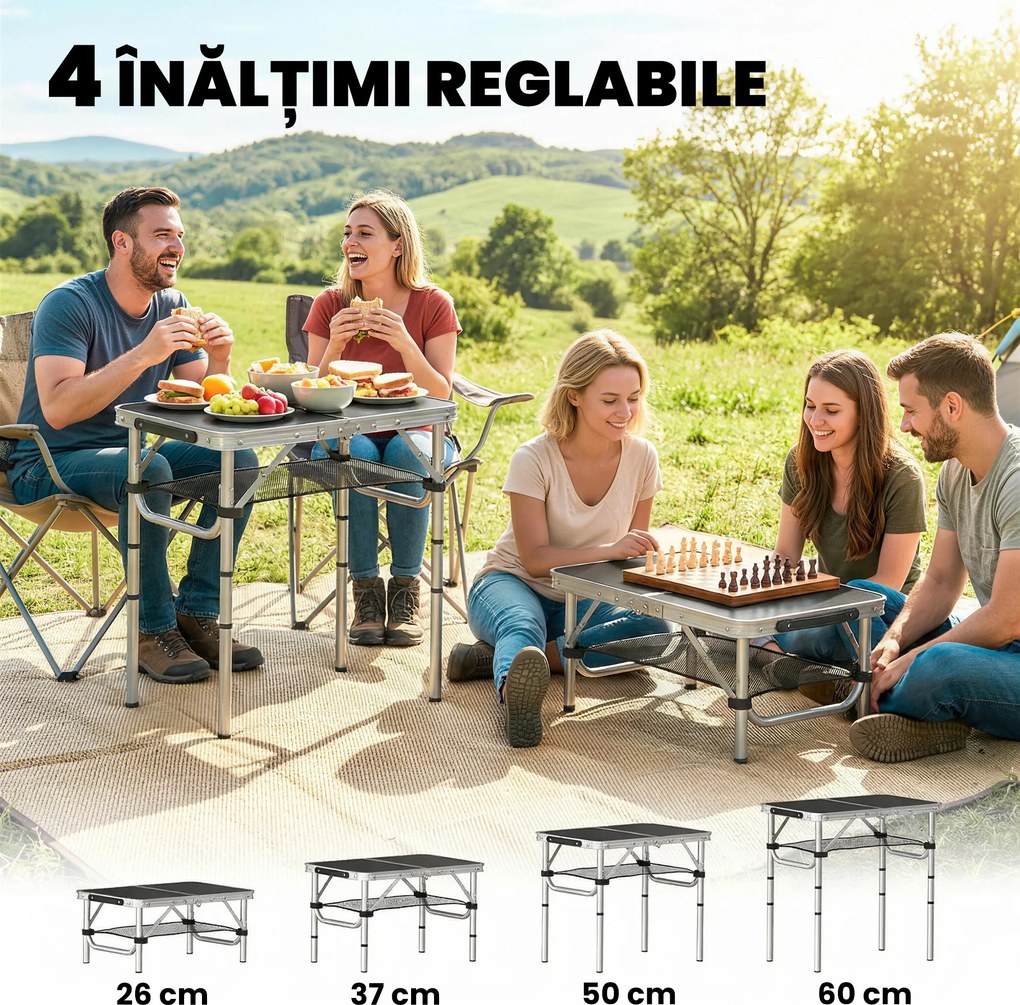 Outsunny Masă de Camping Pliabilă 60 cm, Picnic cu Strat de Plasă, Negru | Aosom Romania