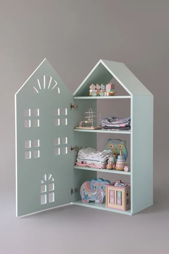 Dulap copii casuta alb/mint/roz