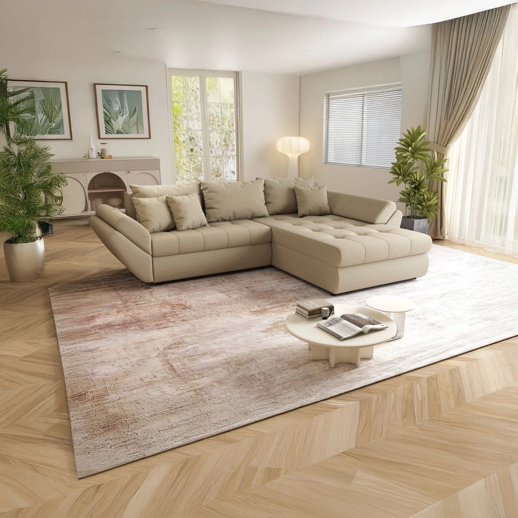 Colțar extensibil dumonde cu ladă de depozitare si sezut confortabil din spuma high-density, Loana Enjoy Camel II 270x185 cm