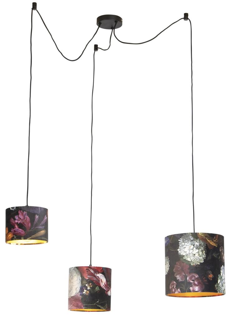 Lampă suspendată cu 3 nuanțe de catifea de flori cu auriu - Cava