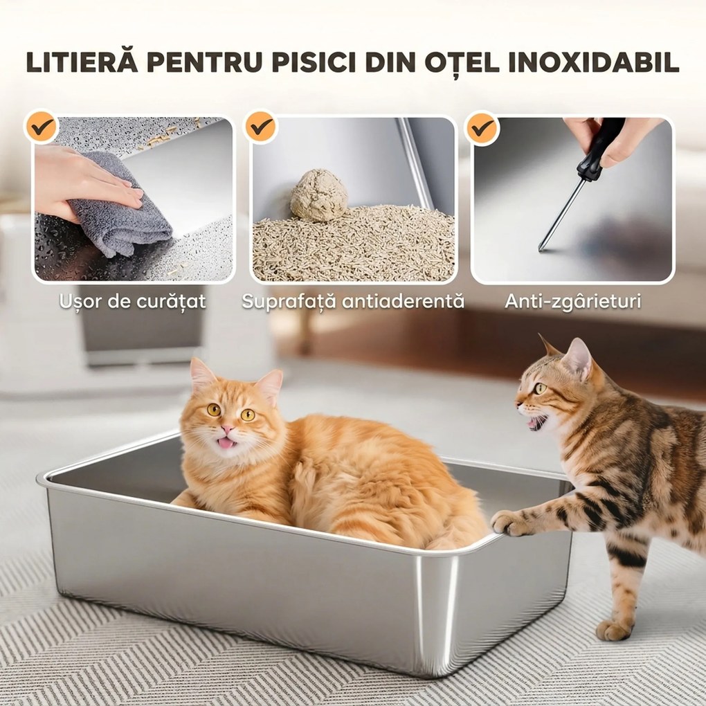 PawHut Litieră pentru Pisici Închisă din Oțel Inoxidabil XL cu Capac, Gri Deschis | Aosom Romania