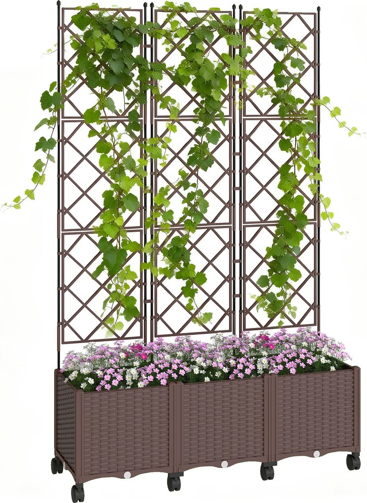 Outsunny Jardinieră Înălțată cu Grilaj 130L, Pat pentru Grădină Înălțat de Exterior cu Roți Blocabile, Sistem de Autoirigare, Găuri de Drenaj pentru Plante Cățărătoare, Legume, Flori, Maro | Aosom Romania