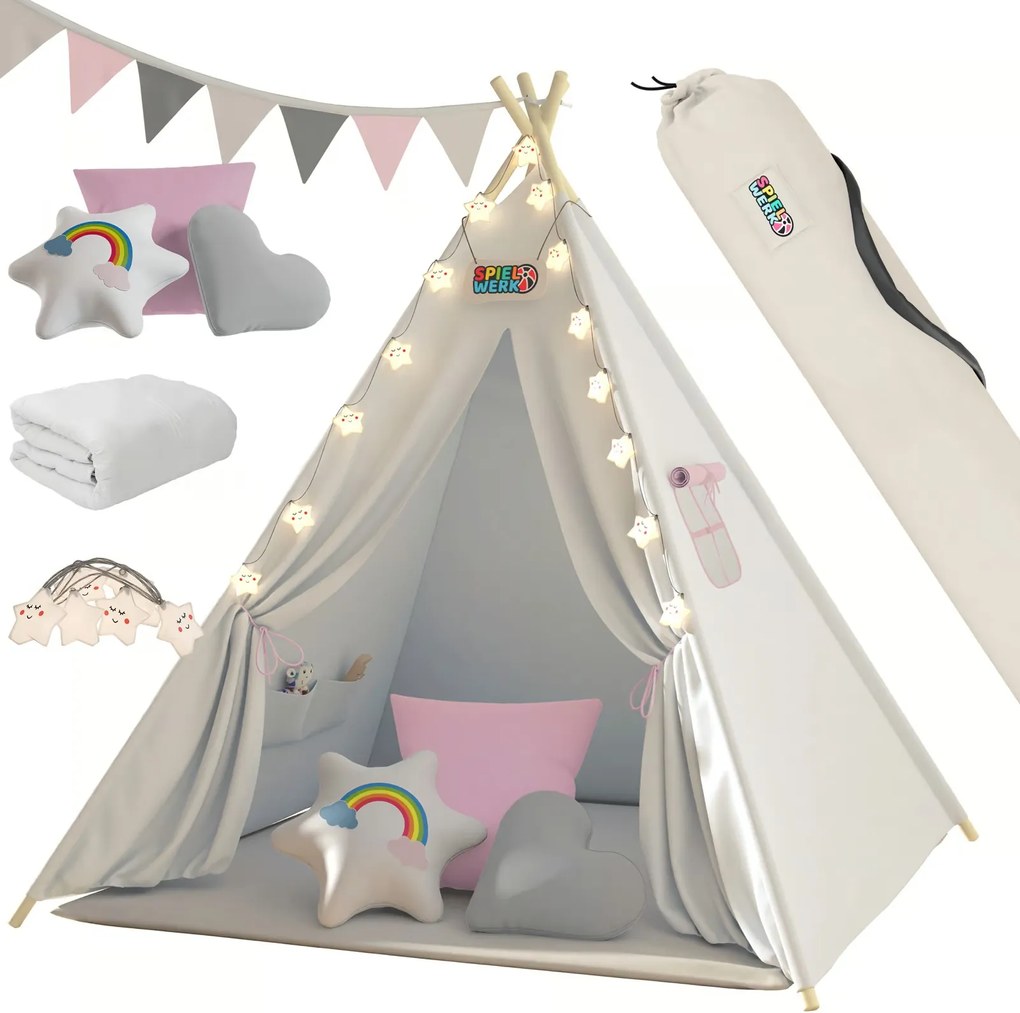 Cort tip teepee pentru copii JULIA, 160x120x120cm, bej/roz Spielwerk