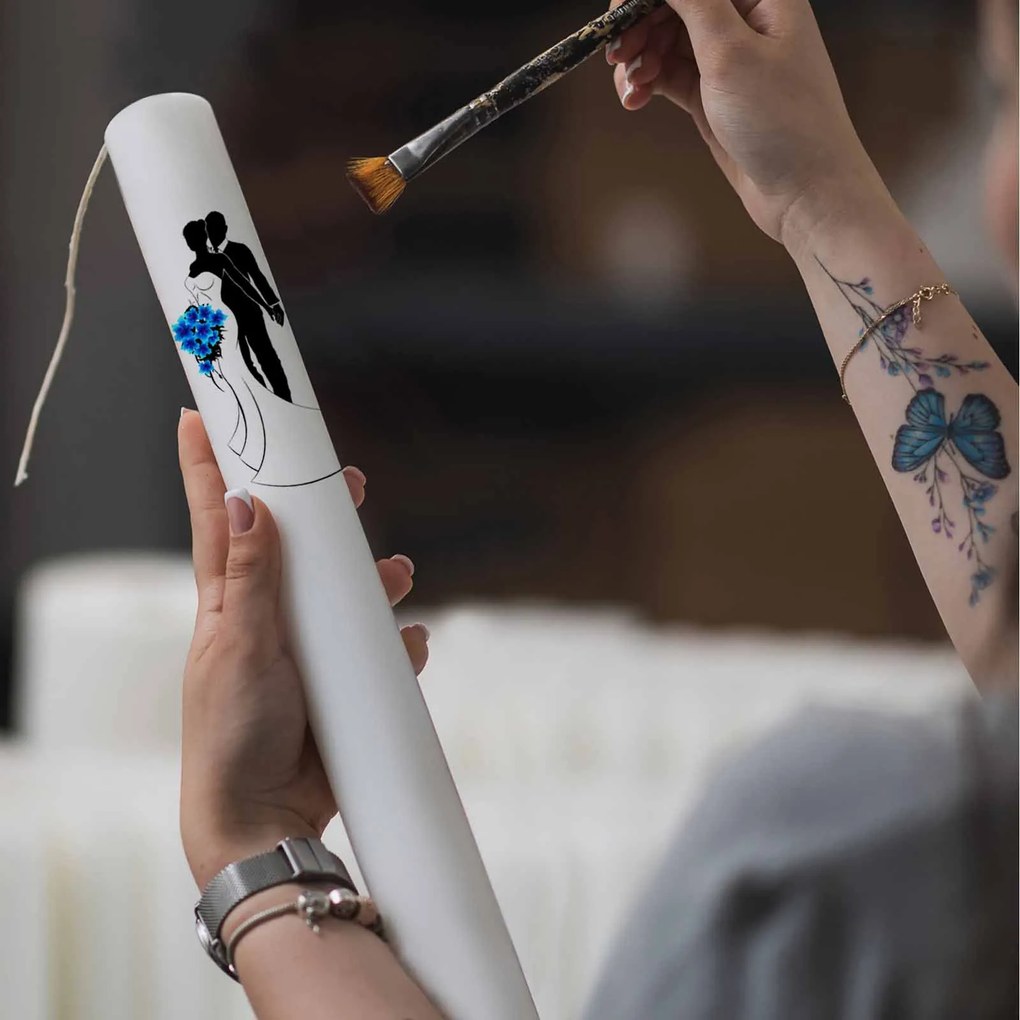 Set 2 Lumanari Nunta Mire si Mireasa cu buchet albastru 4,5 cm, 40 cm