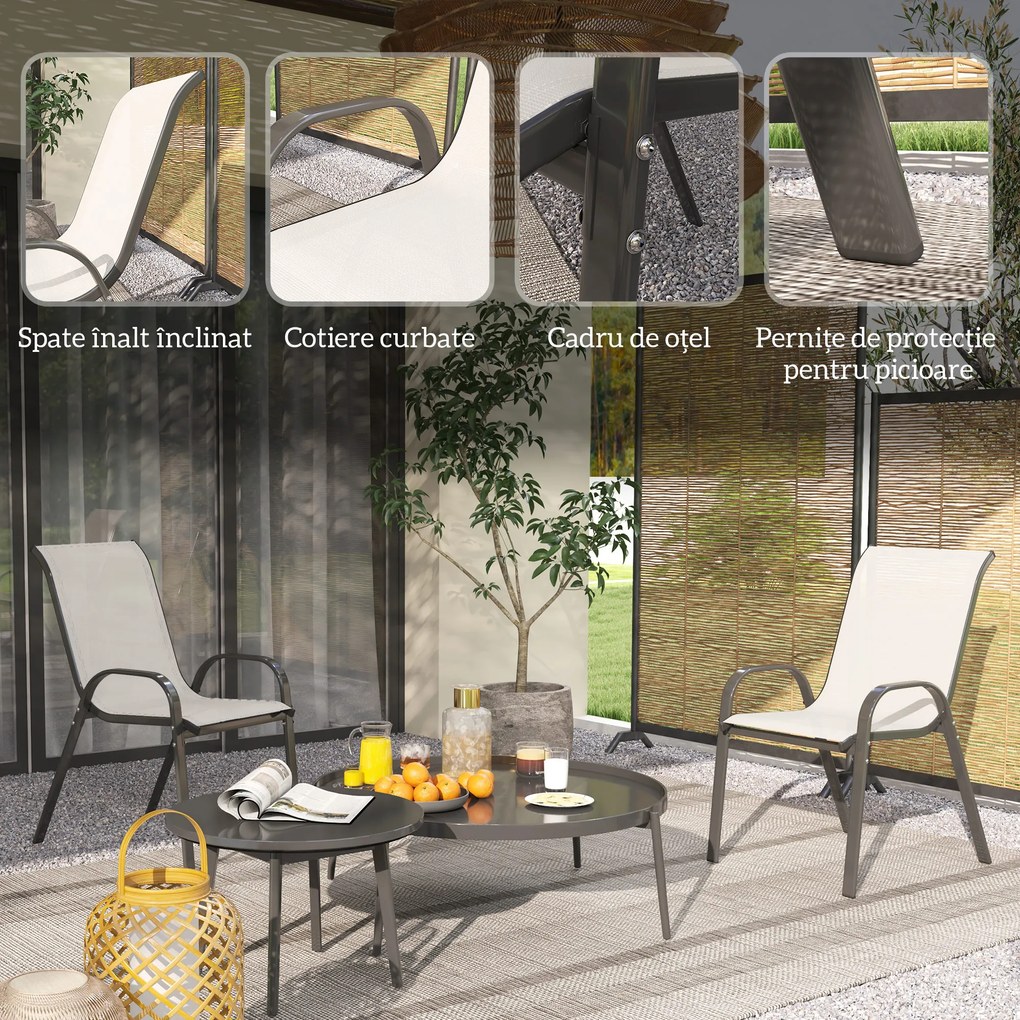 Outsunny Set de 2 Scaune de Exterior pentru Masă, Scaune Stivuibile cu Spătar Înalt, Șezut din Plasă Respirabilă pentru Grădină, Terasă, Gri Deschis | Aosom Romania