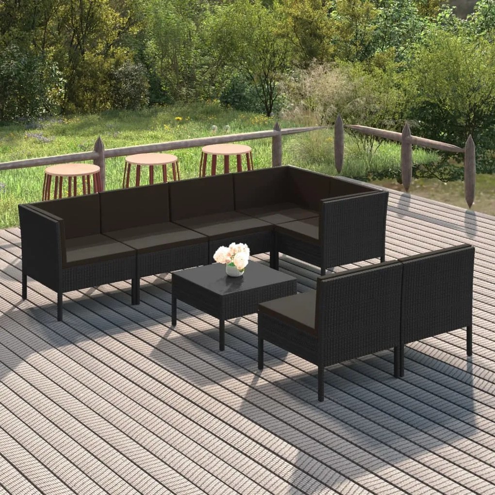 3094393 vidaXL Set mobilier de grădină cu perne, 8 piese, negru, poliratan