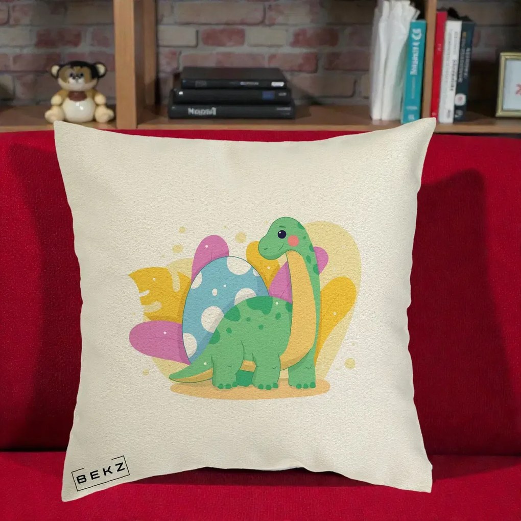 Perna Personalizata Dinozaur cu Ou Pastelat, 40x40 cm, Ecru, Husa Detasabila, Perna Inclusa, BEKZ®