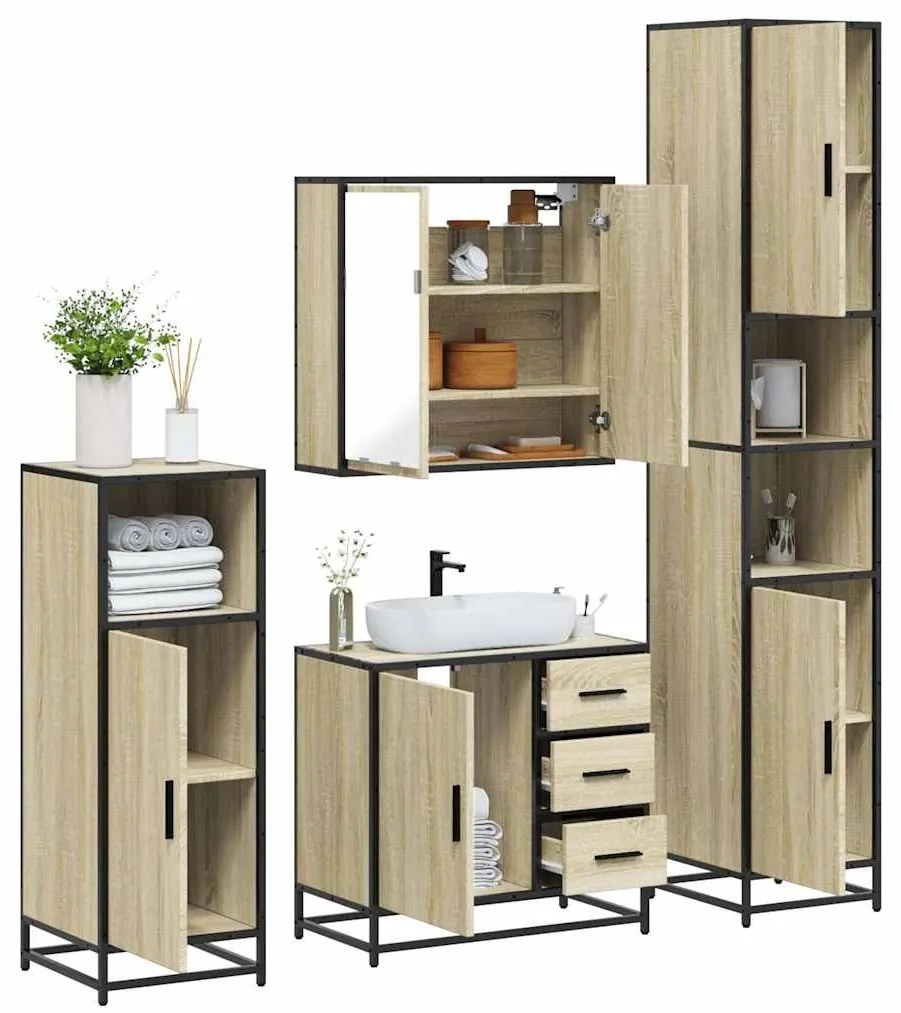 vidaXL Set de mobilier de baie din 4 piese din lemn de stejar Sonoma