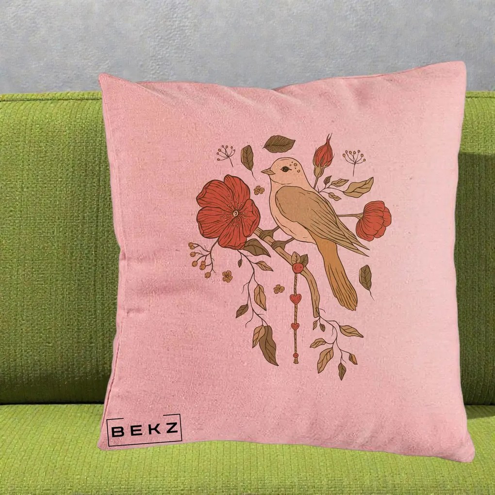 Perna Decorativa Pasare pe Ramura cu Maci, 40x40 cm, Roz, Husa Detasabila, Perna Inclusa, BEKZ®