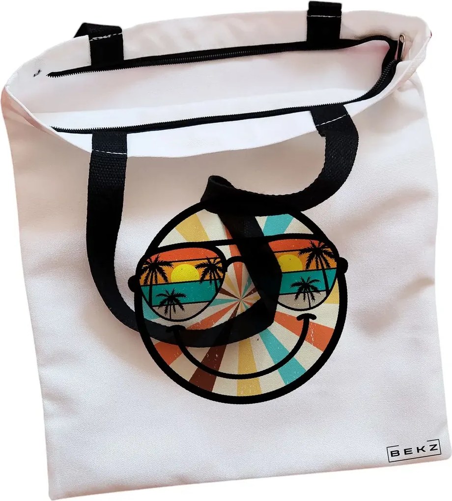 Sacosa de Panza pentru Cumparaturi, Geanta Tote, model Tropical, Cu fermoar, 38x34.5 cm, Alba, BEKZ®