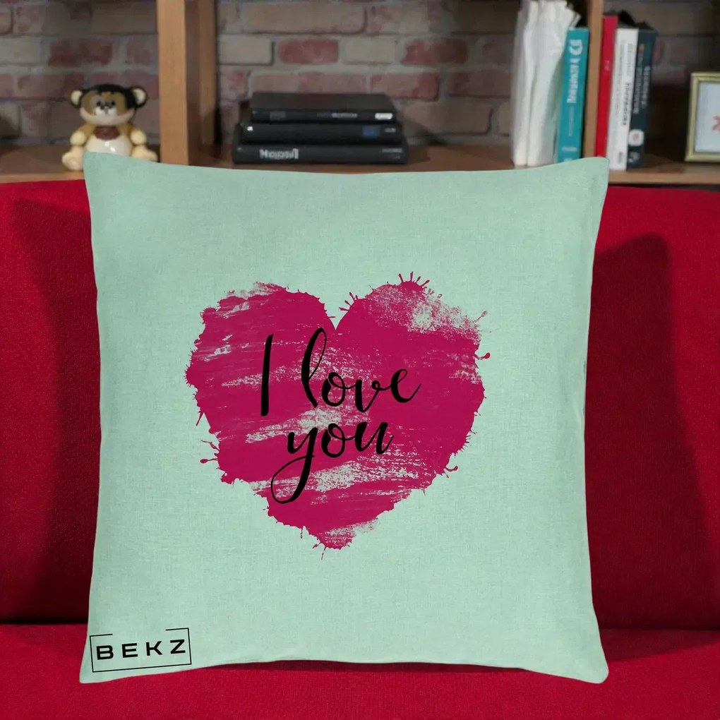 Cadou Romantic - Perna Personalizata I Love You Inima Roz, 40x40 cm, Verde Menta, Husa Detasabila, Perna Inclusa, BEKZ®