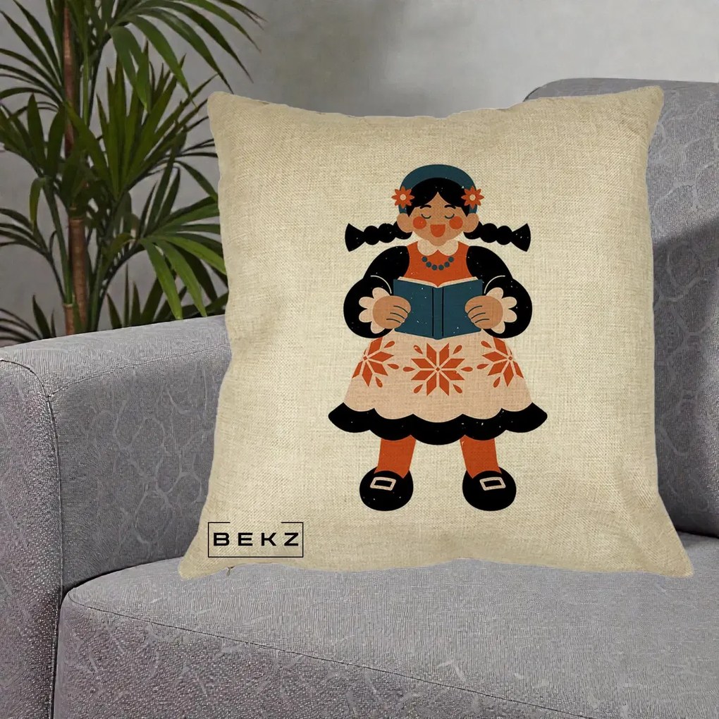 Perna Personalizata Fetita cu Carte Ilustratie Folk, 40x40 cm, Crem, Husa Detasabila, Perna Inclusa, BEKZ®
