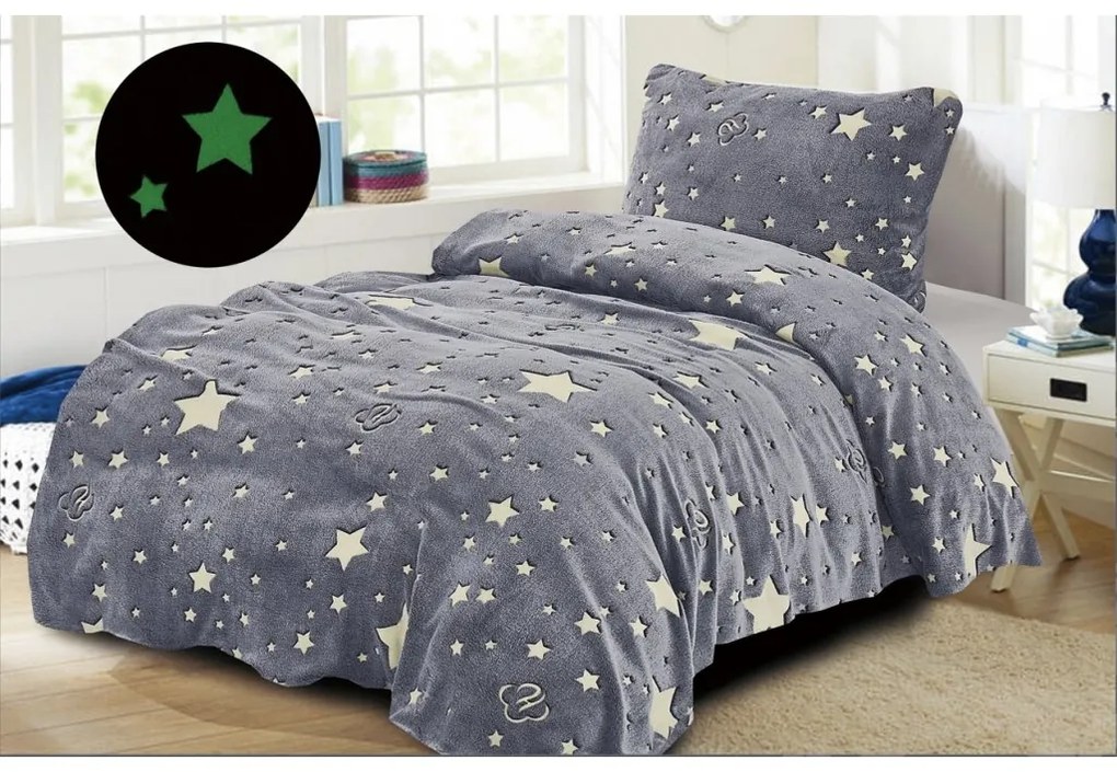 Lenjerie de pat fosforescenta din microplus UNIVERSE gri + cearsaf din microplus SOFT 90x200 cm mentol