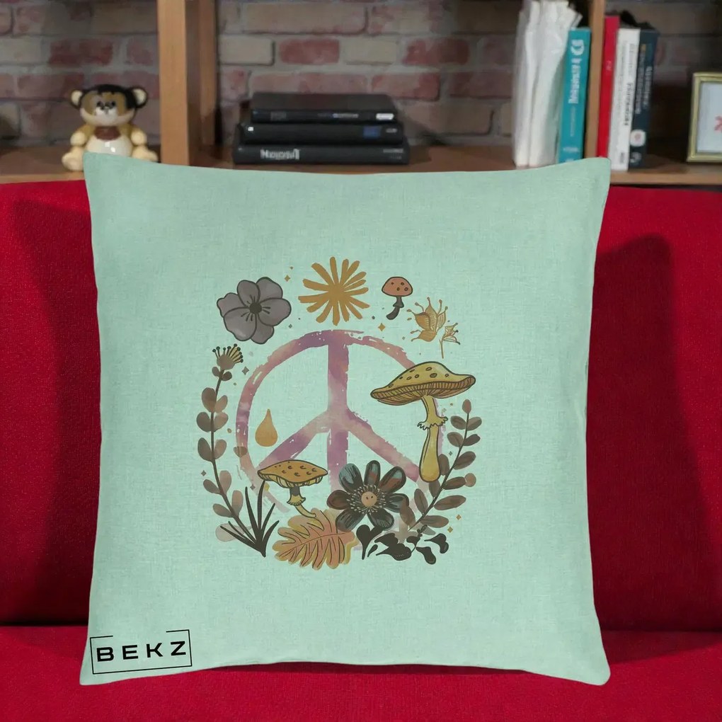 Perna Decorativa Peace Ciuperci Boho, 40x40 cm, Verde Menta, Husa Detasabila, Perna Inclusa, BEKZ®