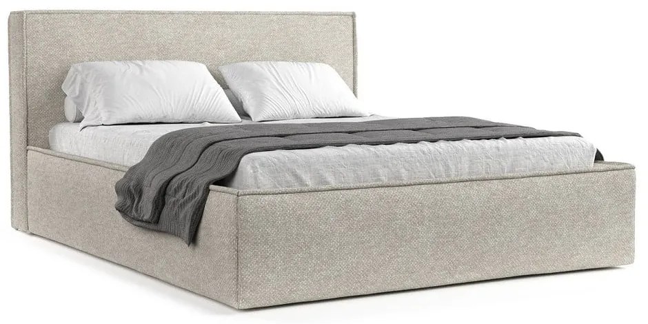 Pat matrimonial gri deschis tapițat cu spațiu de depozitare cu somieră 160x200 cm Lounge L – Maison de Rêve