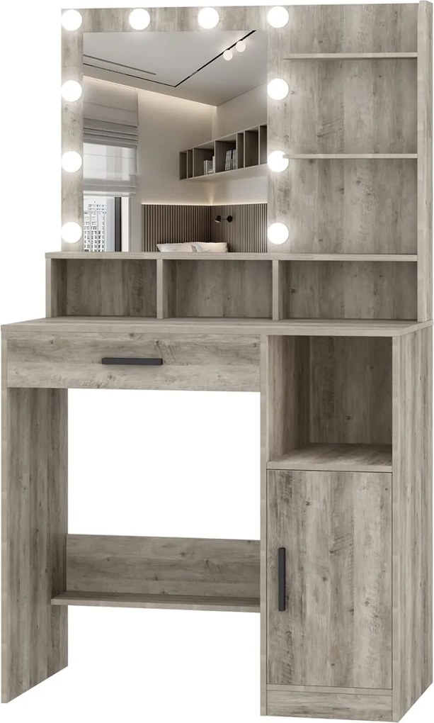 SEG19 - Set Masa toaleta 80 cm, cosmetica, machiaj, oglinda cu LED, masuta vanity, make-up - Gri / Alb / Negru