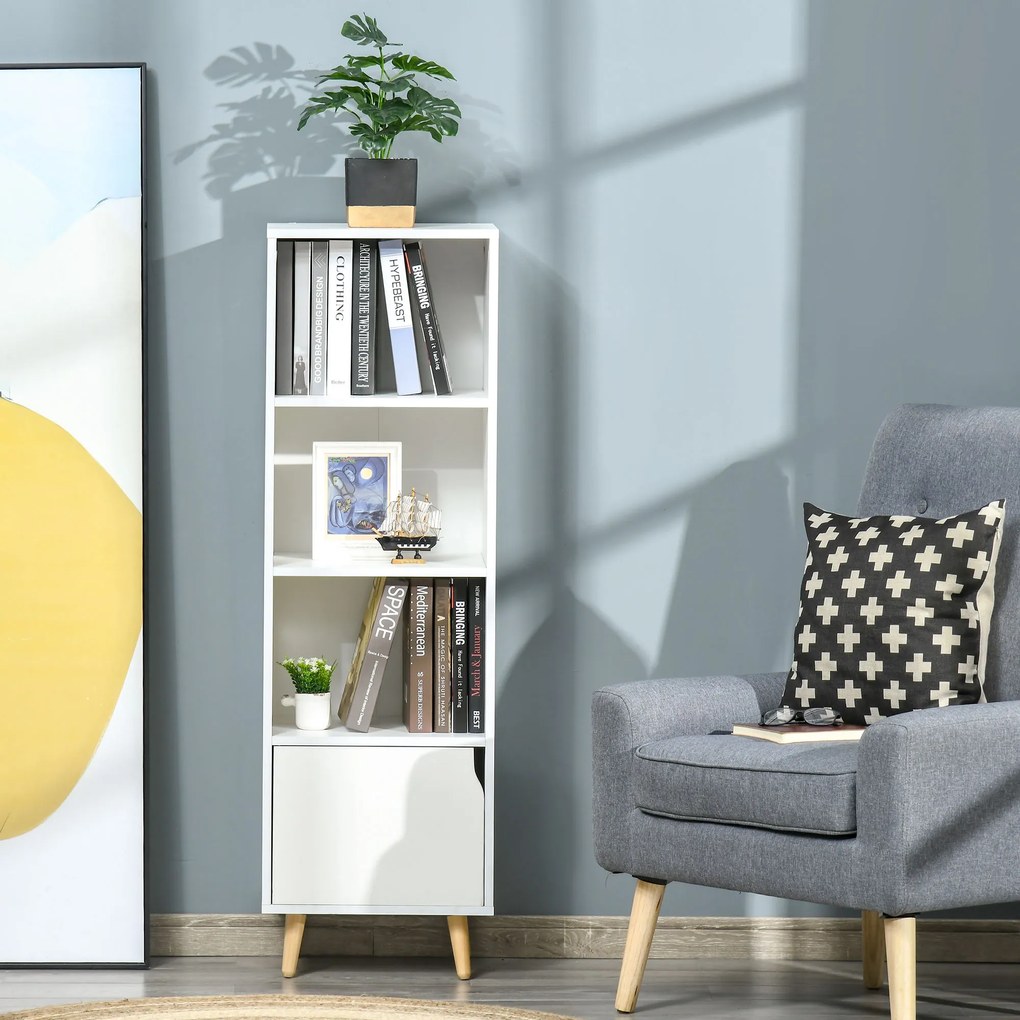 HOMCOM Biblioteca cu Rafturi pentru casa cu 3 Etajere si 1 Dulapior, Raft biblioteca din Lemn,40x30x129,5cm, Alb | Aosom Romania