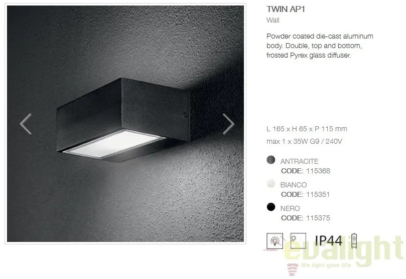 Aplica de perete exterior cu protectie IP44 TWIN AP1 BIG ANTRACITE 115368
