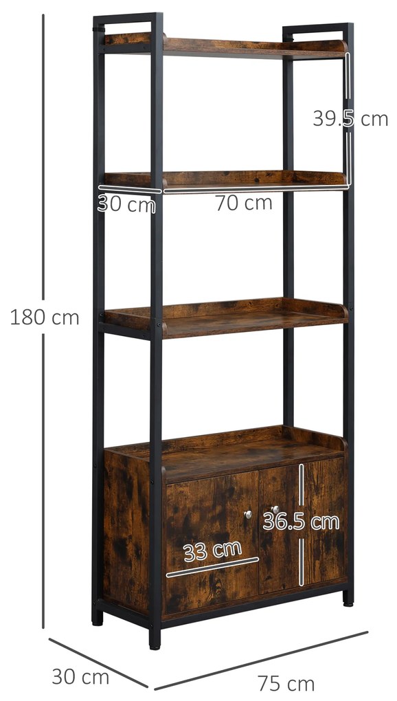 Biblioteca cu 4 rafturi si un dulap cu 2 compartimente, cu 2 usi, stil industrial, maro 75x30x180cm HOMCOM | Aosom Romania