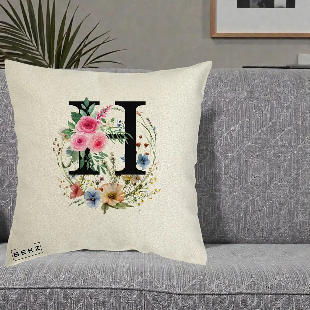 Cadou Personalizat - Perna Personalizata Monogram Litera H cu Flori Acuarela, 40x40 cm, Ecru, Husa Detasabila, Perna Inclusa, BEKZ®