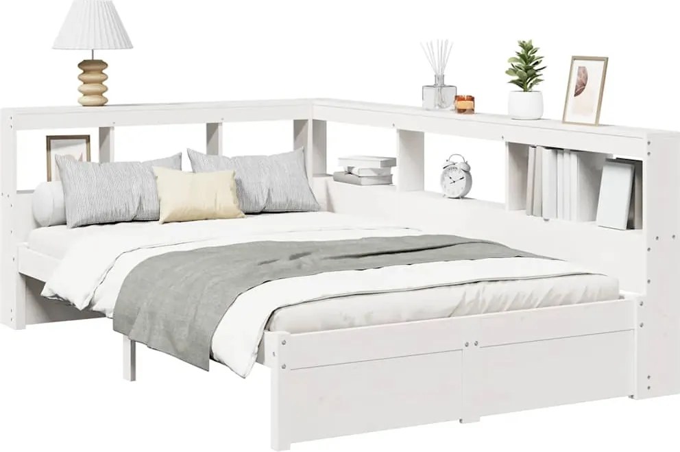 vidaXL Pat cu bibliotecă fără saltea, alb, 90x190 cm, lemn masiv pin