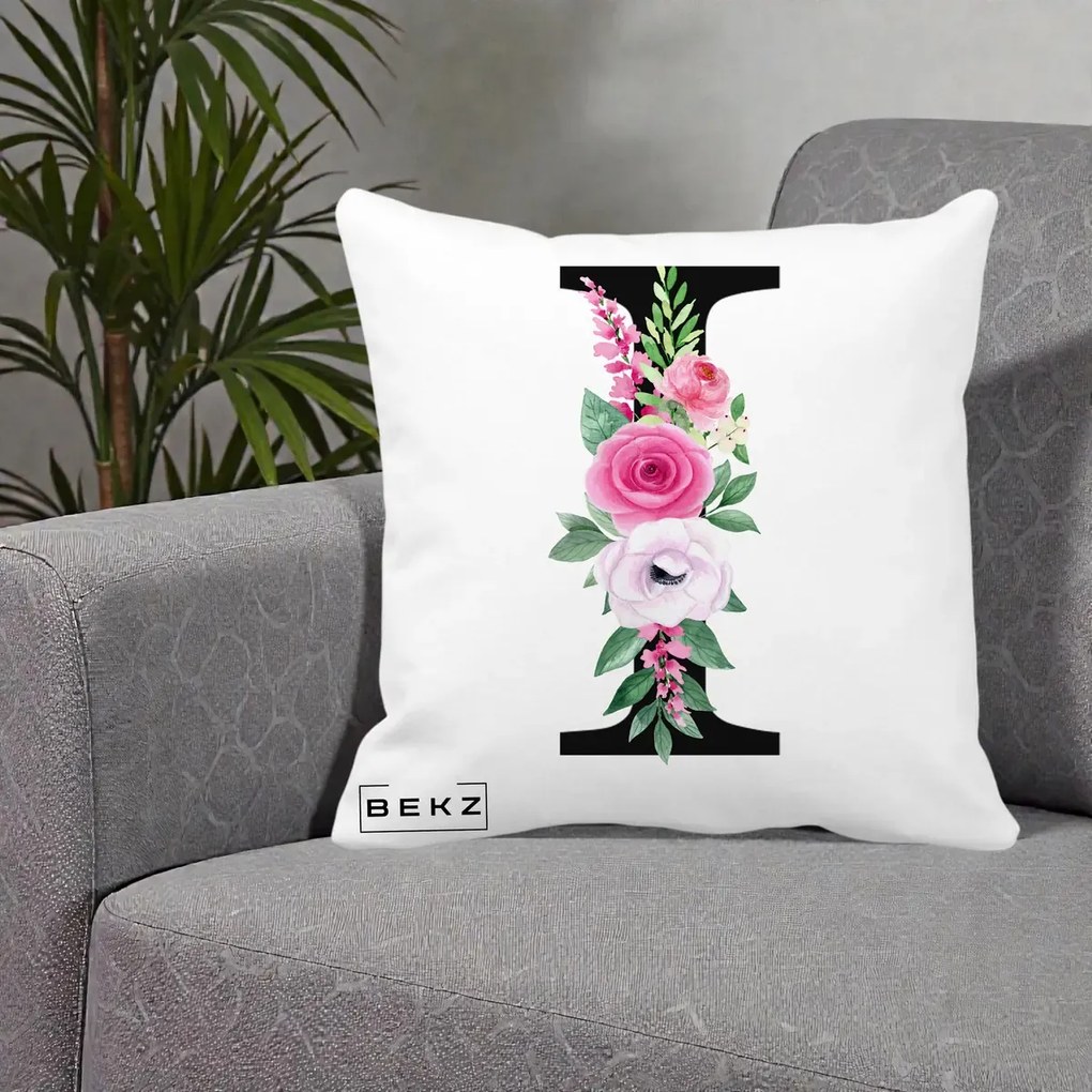 Cadou Personalizat - Perna Personalizata Monograma Florala Litera I, 40x40 cm, Alba Mata, Husa Detasabila, Perna Inclusa, BEKZ®