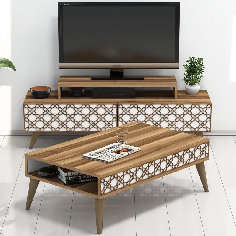 Set Comoda TV si Masuta de Cafea Living City Walnut-Alb