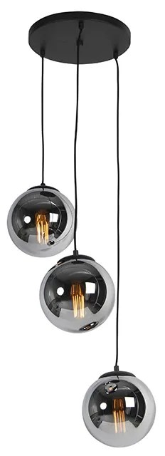 Lampă suspendată Art Deco neagră cu sticlă fumurie cu 3 lumini - Pallon