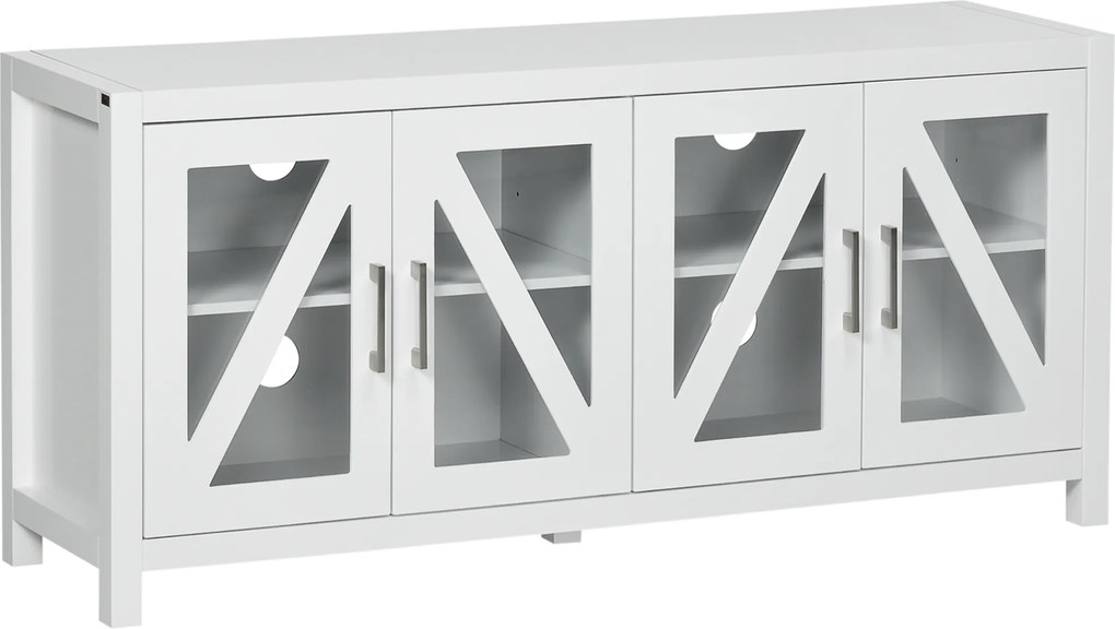 HOMCOM Comodă TV pentru living masă pentru televizoare de până la 147,3 cm cu 4 uși din sticlă, rafturi reglabile 130x35x60 cm Alb | Aosom Romania