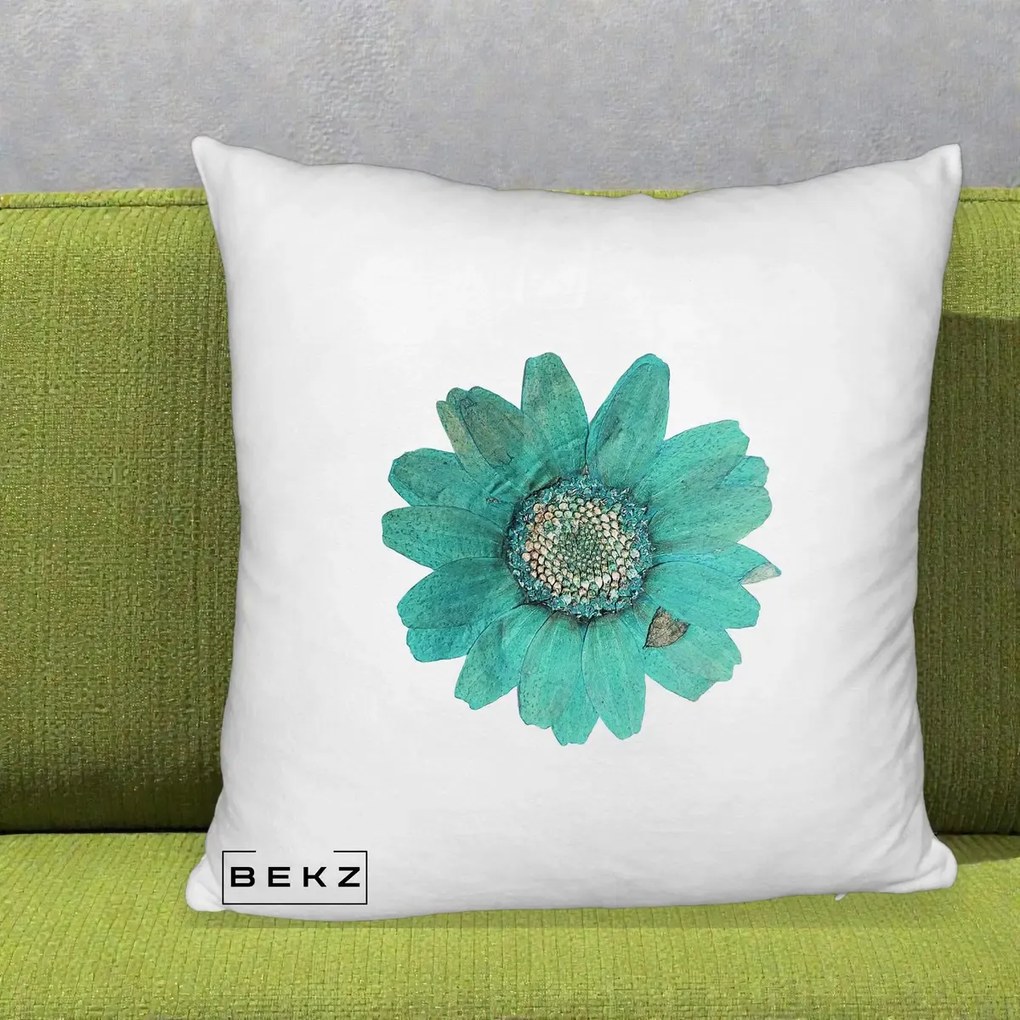 Perna Decorativa Floare Gerbera Teal Acuarela, 40x40 cm, Alb Pufos, Husa Detasabila, Perna Inclusa, BEKZ®