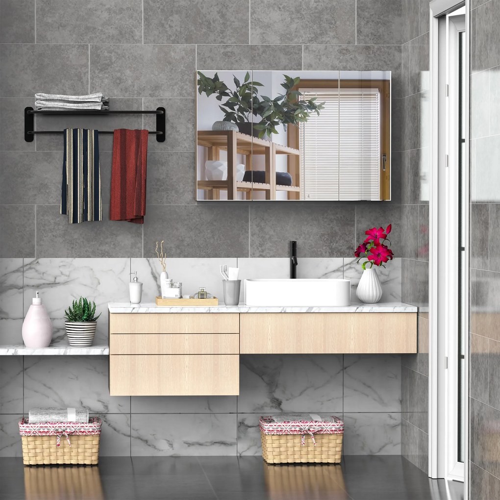 Kleankin Dulăpior de Perete pentru Baie, Mobilă cu 3 Uși cu Oglindă, 90x60x13,5 cm, Lemn | Aosom Romania