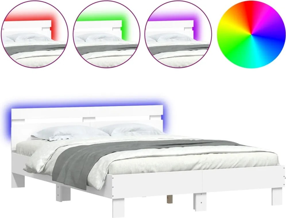 vidaXL Cadru de pat cu tăblie și LED, alb, 150x200 cm