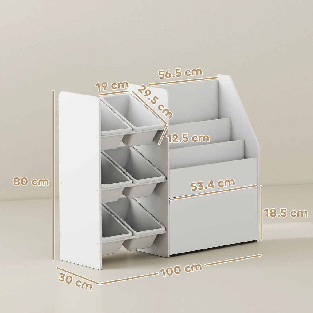 AIYAPLAY Raft pentru jucării cu 6 coșuri, 3 rafturi, din lemn, plastic și oțel, 100x30x80 cm, alb | Aosom Romania
