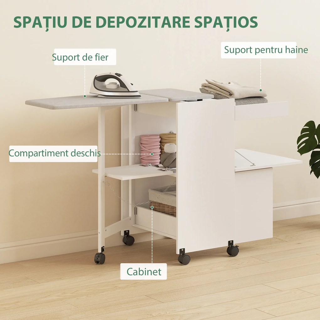 HOMCOM Dulap Masă de Călcat Pliabil cu Roți și Suport pentru Fier de Călcat, Dulap de Călcat Multifuncțional cu Rafturi, Compartiment Deschis, pentru Spălătorie, Baie, 154x55x87 cm, Alb | Aosom Romania