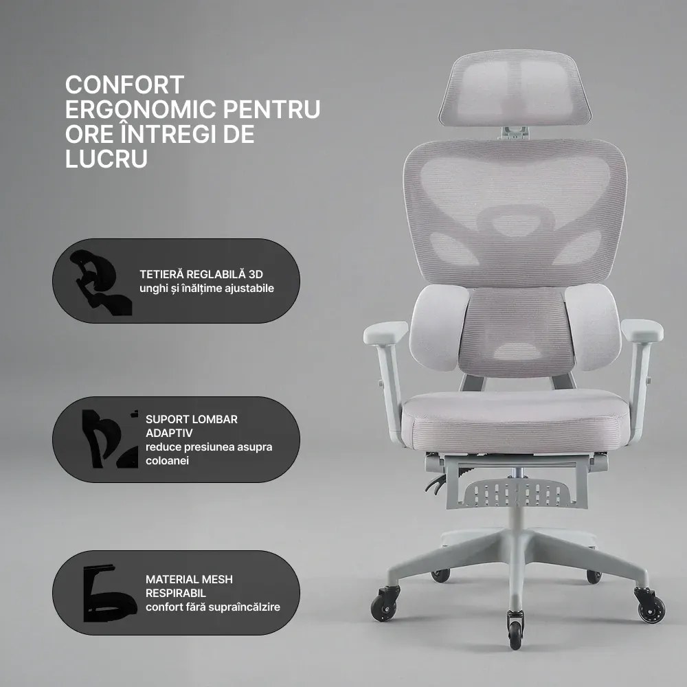 RESIGILAT- Scaun ergonomic, Suport Lombar 3 Zone Dinamice, Spătar ajustabil pe inaltime, cotiere 3D, tetiera 3D, suport pentru picioare, umeras, pivotant, Mesh, Gri