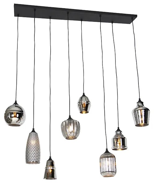 Lampă suspendată Art Deco neagră cu sticlă fumurie cu 8 lumini - Hanne