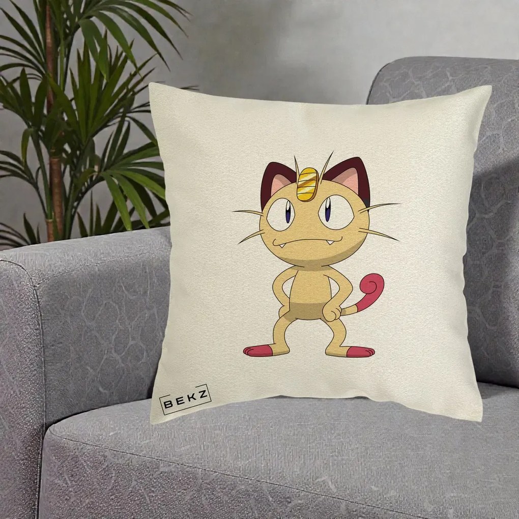 Perna Personalizata Meowth Pokemon, 40x40 cm, Ecru, Husa Detasabila, Perna Inclusa, BEKZ®