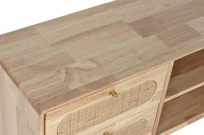 Comoda TV natur , din lemn de cauciuc si rattan „Rustic Serenity”