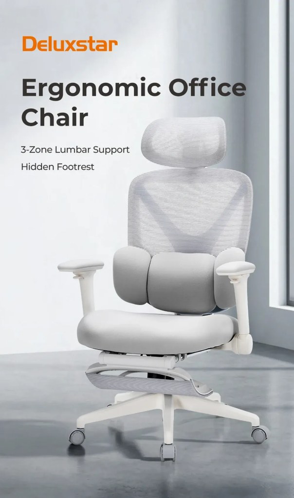 DeluxStar YX-977 NEXOR PRO FOAM SEAT – Scaun Ergonomic cu Suport Lombar 3D, Tetieră 3D, Cotiere 4D, Șezut Glisant, Înclinare 140°, Suport pentru Picioare, Gri