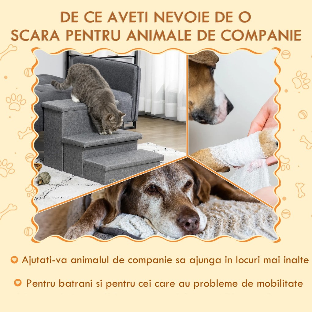 PawHut Scara pentru Caini si Pisici max 5kg cu 3 Trepte cu Spatiu Interior, din Tesatura Efect In si MDF, 63.5x42.5x40.5 cm, Gri Deschis